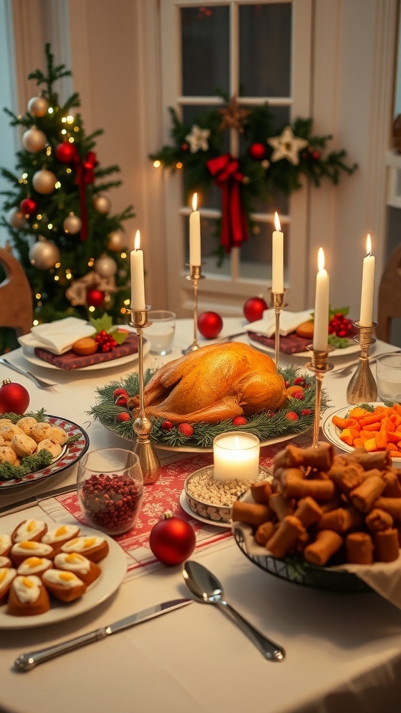A festive Christmas dinner table with roasted turkey, side dishes, and desserts, decorated for the holiday.